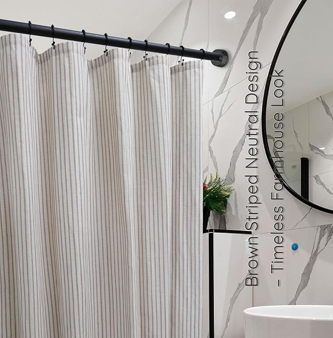 Farmhouse Striped Shower Curtain - 72x72 Inches, Linen Blend Fabric, Breathable & Machine Washable, Rustic Rust for Bathroom Decor (Hooks/Liner Not Included)
