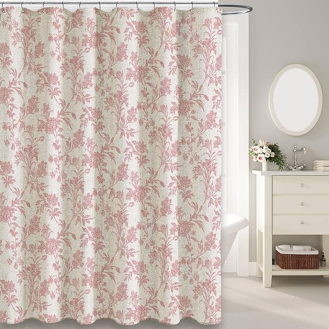 Extra Long Pink Shower Curtain Floral Cotton Linen Cottagecore Shower Curtain for Bathroom 84" L x 72" W