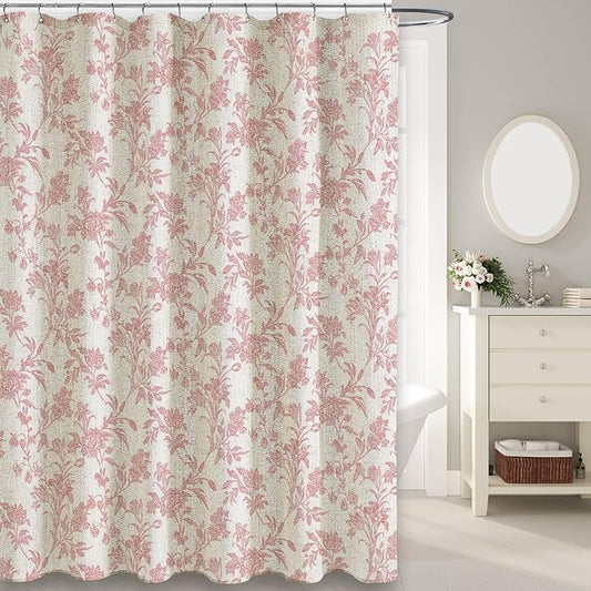 Extra Long Pink Shower Curtain Floral Cotton Linen Cottagecore Shower Curtain for Bathroom 84" L x 72" W