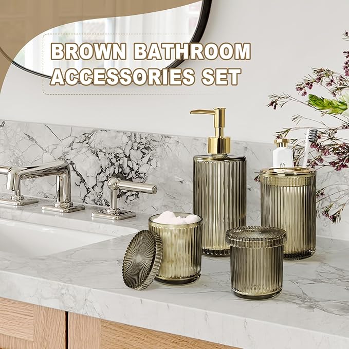 KASUNTING Brown Glass Bathroom Accessories 4 Pcs, Brown Bathroom Set, Soap Dispenser and Toothbrush Holder Set, Qtip Holder Set, Vintage Bathroom Sink Set, Modern Bathroom Decor