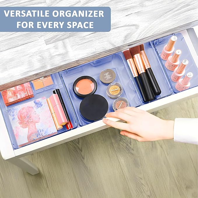 Kuber Industries 12 Pcs Acrylic Transparent Cosmetic Organizer Tray | Drawers Organisers for Kitchen, Office and Bathroom Vanity Makeup | Stationery Storage Drawer Divider Tray | Sea Blue