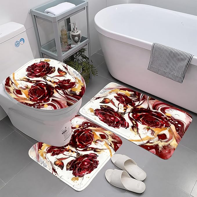 Red Marble Rose Shower Curtain Set,Luxury Modern Abstract Floral Bathroom Decor with Non-Slip Rugs & Toilet Lid Cover, Waterproof Fabric with 12 Hooks,Elegant Glamorous Bathroom Accessories for Home