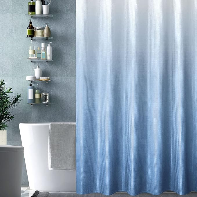 Gibelle Long Shower Curtain 72 x 78, Tall Blue Ombre Shower Curtain for Bathroom, Waffle Weave Fabric Shower Curtain Set with Hooks, Water Repellent, Machine Washable