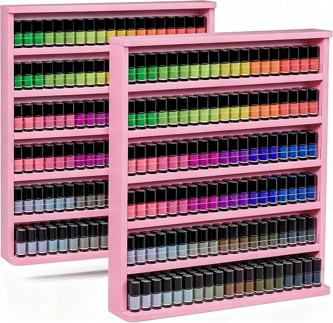 Kikihouse Wood Nail Polish Rack 2 Packs, Wall Mount Nail Polish Organizer, 6 Layers Nail Salon Storage Display Shelves Perfume Essential Oil Bottles Holder w/Acrylic Baffle, Pink