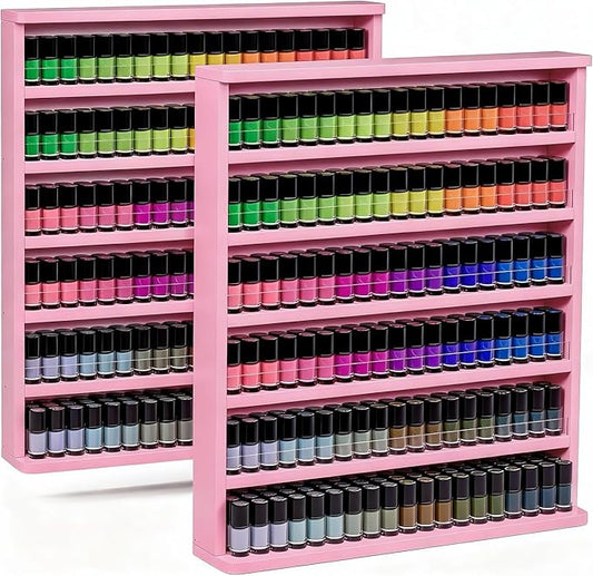 Kikihouse Wood Nail Polish Rack 2 Packs, Wall Mount Nail Polish Organizer, 6 Layers Nail Salon Storage Display Shelves Perfume Essential Oil Bottles Holder w/Acrylic Baffle, Pink