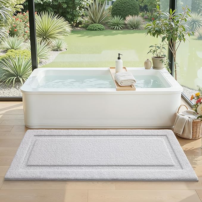 LUMI Extra Large Ultra Soft Bathroom Rugs Non Slip with Rubber Backing, Absorbent Washable Bath Mat Quick Dry, Upgraded Premium Microfiber Plush Carpet for Bathtub and Shower Floor, White, 24x60