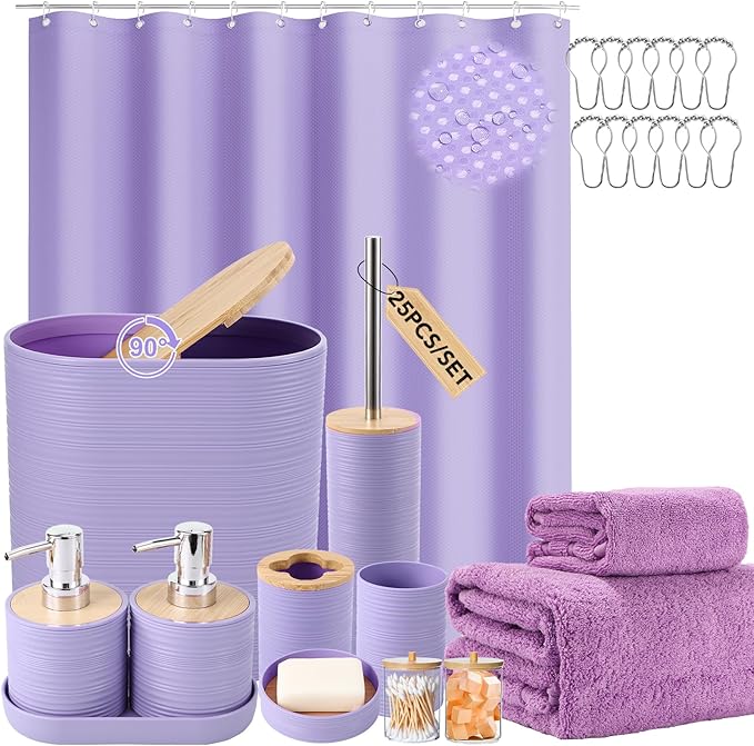 XLHOMO Purple Bathroom Set, Purple Bathroom Accessories Set with Shower Curtain, Bath Towel Set, Trash Can, 2PCS Soap Dispensers, Soap Dish, Toothbrush Holder and Cup,Toilet Brush for Bathroom Decor