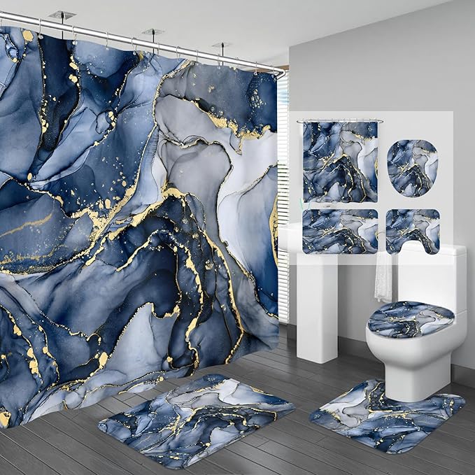 4PCS Navy Blue Marble Shower Curtain Sets with Rugs, Abstract Dark Blue Bathroom Sets with Shower Curtain and Rugs, Modern Bathroom Curtains Shower Set with Toilet Lid Cover