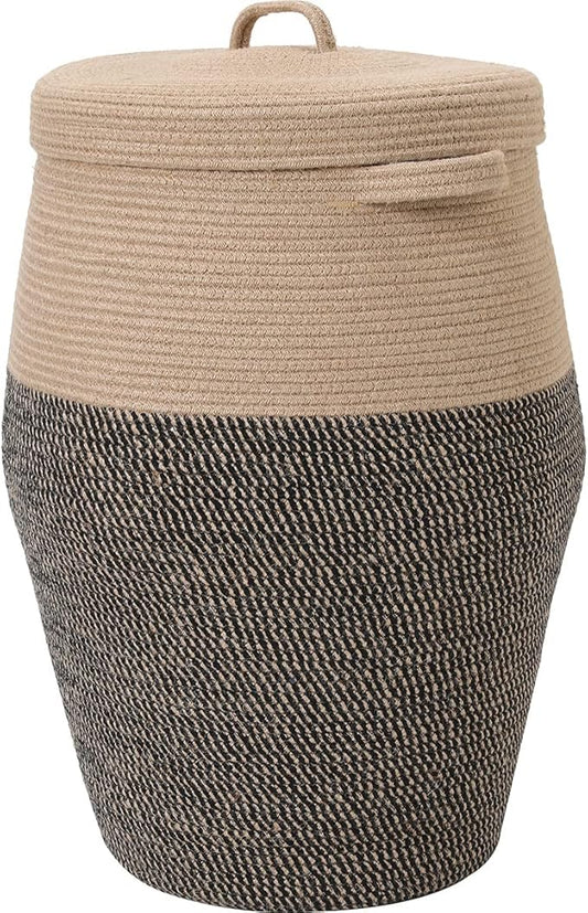 26"x20" Handcrafted Tall Cotton Rope Basket with Lid, Stylish Flagon Shape with Cover, Clothes Hamper with Top, for Bedroom and Living Room, Jute/Black Mix