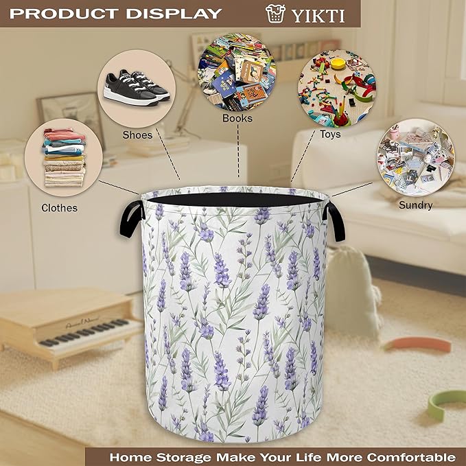 Collapsible Laundry Basket,Purple Lavender Flower Dirty Clothes Hamper,Rustic Spring Floral Hampers for Bedroom Waterproof Oxford Cloth Storage Organizer for Bathroom,Nursery,Dorm,16x20 Inch