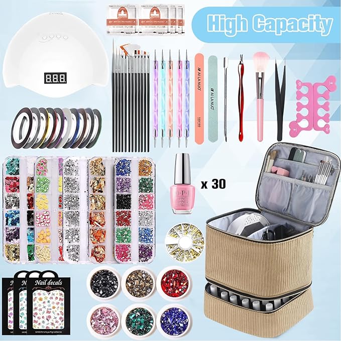 Corduroy Nail Polish Organizer and Nail Lamp Case, Nail Kit Organizer Holds 30 Bottles (15ml - 0.5 fl.oz) and a Nail Lamp, Nail Polish Carrying Case with Manicure Tools Storage Sections (Brown)