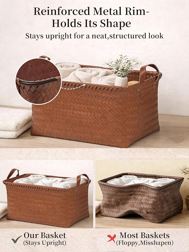 Hand Woven Baskets for Storage, 4Pcs Water-Resistant Wicker Baskets, Brown Wicker Storage Baskets for Shelves, Large Basket with Handle for Organizing, Clothes, Laundry, Blanket - Rectangular