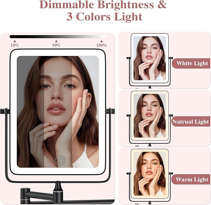 Wall Mounted Lighted Makeup Mirror, Rectangle Double Sided 1X/10X Magnifying Bathroom Height Adjustable Mirror, 6000mAh Rechargeable 3 Color and Dimmable Lights, 360 Rotation Shaving Vanity Mirror