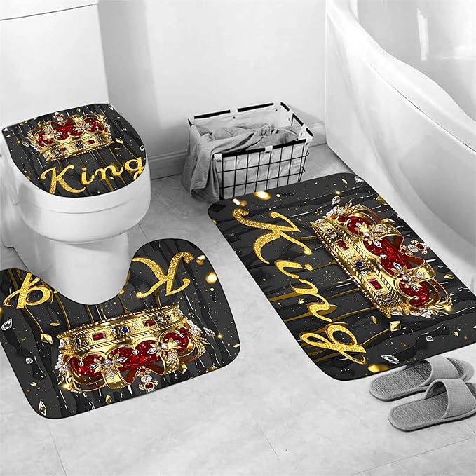AZHM Golden Crown Print Shower Curtain Set 4 PCS Glitter Crystal Bathroom Decor with Shower Curtain and Rugs