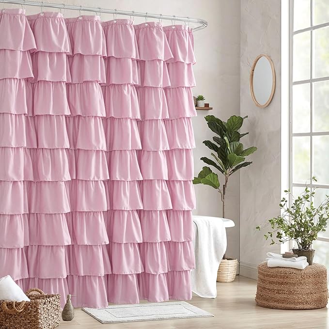 Seasonwood Pink Ruffle Shower Curtain Cute Girly Shower Curtain Farmhouse Vintage Handcrafted Rustic Decorative Fabric Shower Curtains for Bathroom, 72" x 72"