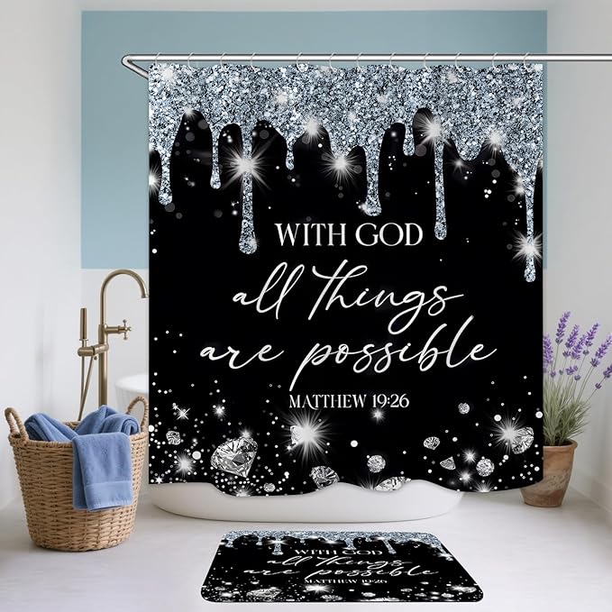 4 Pcs Black Silver Diamonds Shower Curtain Set with Rugs and Toilet Lid Cover, Black White Bible Verse Waterproof Fabric Bathroom Set, Christian Scripture Shower Curtain Bathroom Decor Set Accessories
