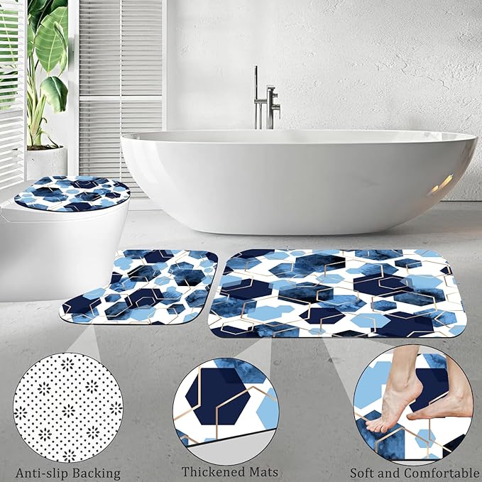 Muuyi 4Pcs Navy Blue Geometric Shower Curtain Set, Neutral Modern Art Deco Shower Curtain with Hooks, Elegant Trendy Simple Bathroom Sets with Shower Curtain and Rugs, 71 * 71in