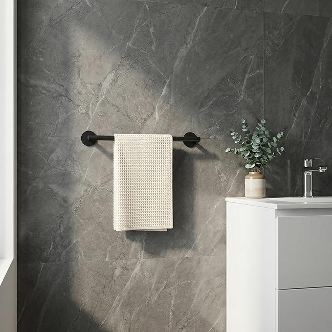 Hand Adhesive Bathroom Towel Bars, 16 Inch Stainless Steel Towel Racks for Bathroom or Kitchen Wall Mounted, Heavy Duty Hand Towel Holder Organizer, Modern Home Decor Towel Rod, Black