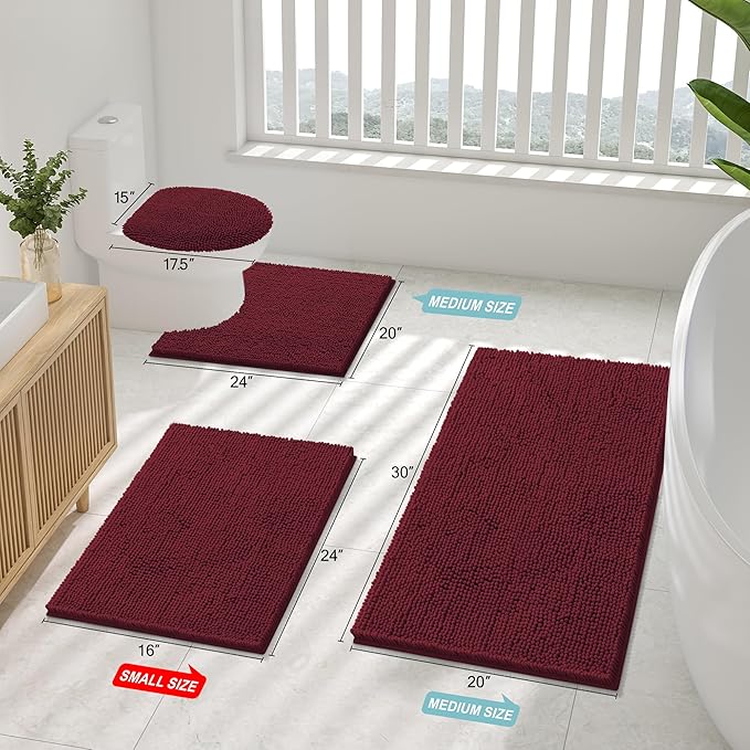 Smiry Luxury Chenille Bathroom Rugs 44x24, Extra Soft and Absorbent Shaggy Bath Mat, Machine Washable, Non-Slip Plush Carpet Runner for Tub, Shower, and Floor, Home Decor Accessories, Burgundy