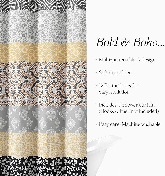 Lush Decor Bohemian Stripe Shower Curtain, 72" W x 72" L, Yellow & Gray - Bathroom Curtain - Striped Shower Curtain - Boho Decor - Fabric Shower Curtains (Pack of 6)