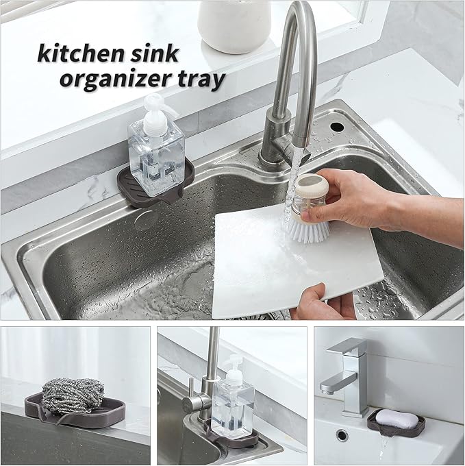 MicoYang Silicone Bathroom Soap Dishes with Drain Spout-Bathroom and Kitchen Sink Organizer,Sponge Holder,Dish Soap Tray,Perfect for Dispenser,Scrubber,Bottle,Cup on Sink or Counter-Coffee 4.9"×3.2"