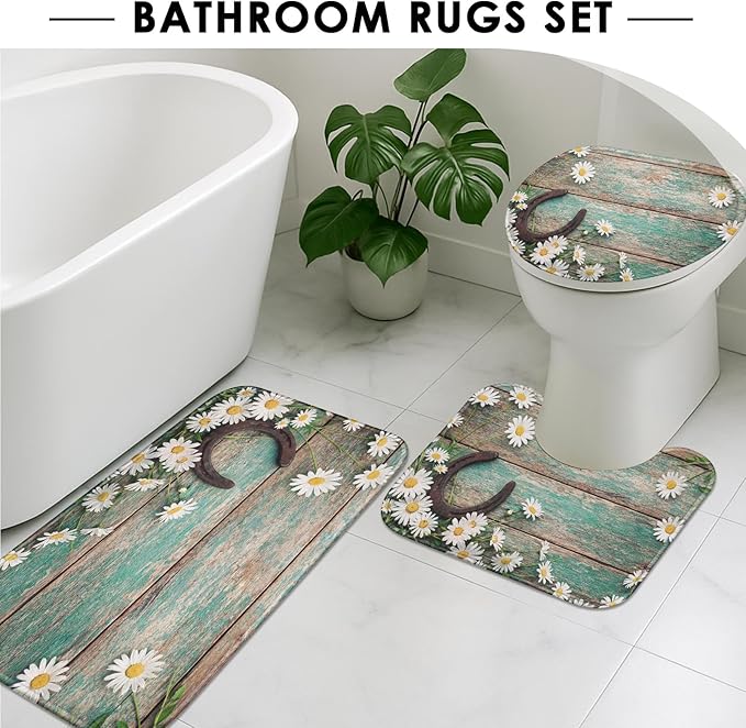 Britimes 4 Piece Shower Curtain Sets, Western Rustic with Non-Slip Rugs, Toilet Lid Cover and Bath Mat, for Bathroom Decor Set, 72" x 72"