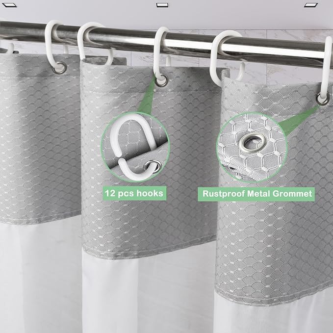 UFRIDAY Waffle Weave Fabric Shower Curtain with Mesh Window, Grey Waffle Weave Fabric Stall 54 x 78 Shower Curtain,Heavy Duty Decorative Bathroom Curtain, Spa-Like Hotel Luxury, Water-Repellent