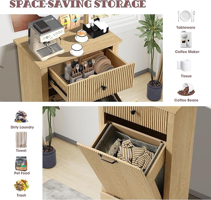 36" H Tilt Out Laundry Hamper Cabinet, Modern Fluted Trash Can Cabinets with Drawer, Wooden Hidden Garbage Cabinet for Kitchen and Bathroom (Natural Oak, Single)