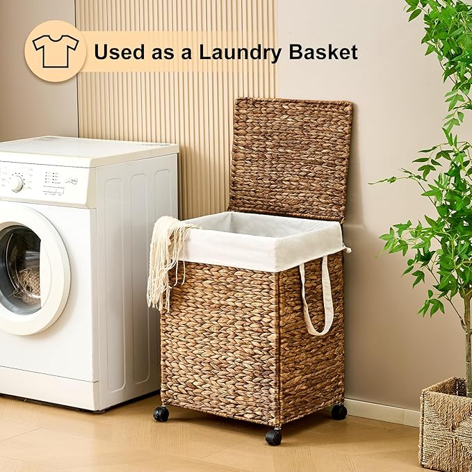 Rolling Laundry Hamper with Lid, Natural Water Hyacinth Basket with Removable Liner, Wheel or Non-Slip Installation Laundry Basket for Home Use (Espresso, 100L)