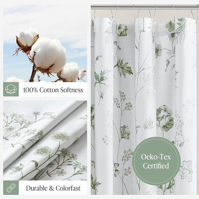 Martha Stewart Martha's Garden Shower Curtain Botanical Floral Print Cotton Shower Curtain for Bathroom, Spa Quality Modern Shower Curtains Standard Size, 72x84 Sage Green