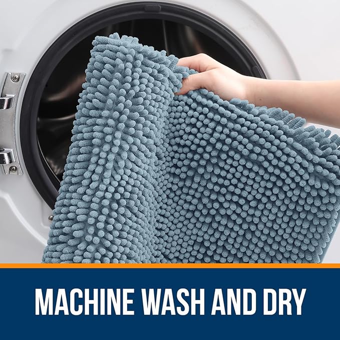 OLANLY Bathroom Rugs 32x20, Extra Soft Absorbent Chenille Bath Rugs, Rubber Backing Quick Dry, Machine Washable Bath Mats for Bathroom Floor, Tub and Shower, Home Decor Accessories, Airy Blue