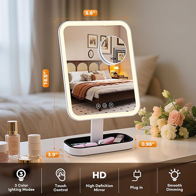 Vanity Mirror with Lights, 1/10X Magnifing，Hollywood Vanity Mirror with 3 Colors Lights & Adjustable, Smart Touch Control Modern Style, Dresser Mount, Bathroom,（16.5" X 9.8" White） Plug in
