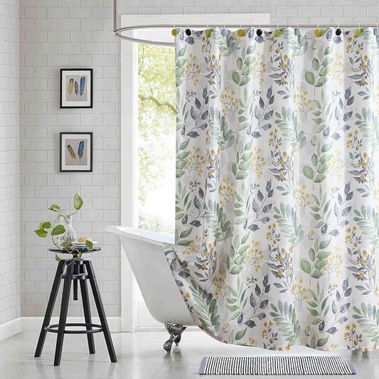 Fabric Shower Curtain, Sage Green Gray Yellow Watercolor Botanical Leaf Shower Curtains for Bathroom, 72" W x 72" H