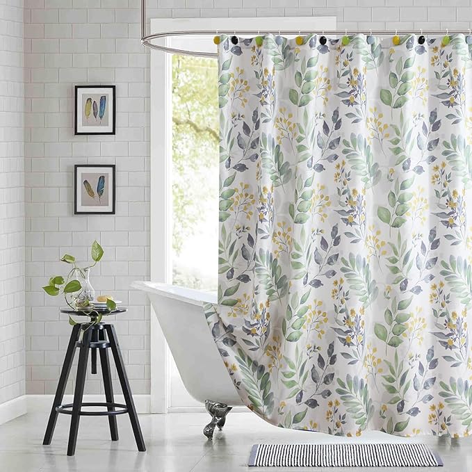 Stall Fabric Shower Curtain, Sage Green Gray Yellow Watercolor Botanical Leaf Print Waterproof Shower Curtains for Bathroom, 54" W x 72" H