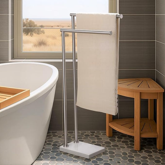 No Wobble Free Standing Towel Racks with 3X Thick Natural Marble Weighted Base, KES 2-Tier Towel Rack Stand for Bathroom Floor, Upgraded Steady Design, 18/8 Stainless Steel, Brushed Finish, BTH235A-2