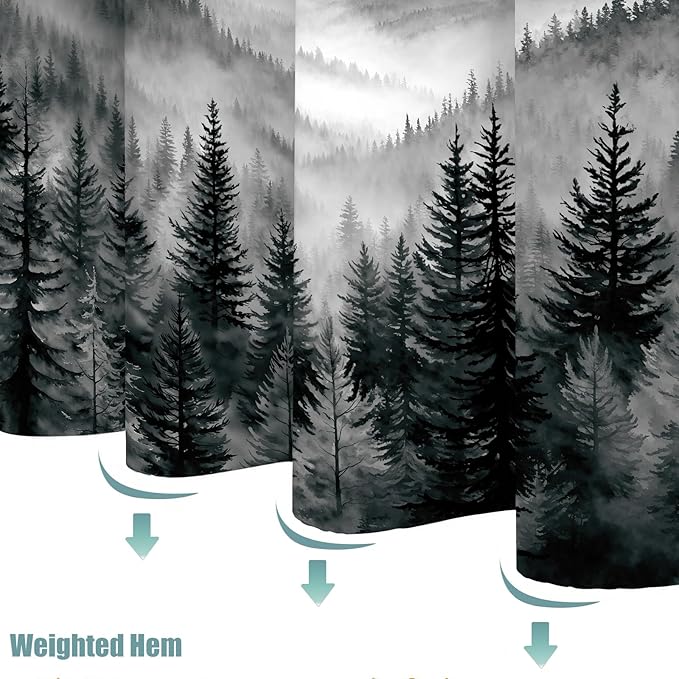 Accnicc Forest Mountain Shower Curtain Black and White Nature Misty Pine Tree Shower Curtains for Bathroom Dark Grey Foggy Rustic Woodland Decorative Waterproof Fabric Bath Curtain Decor 72×78 Inches