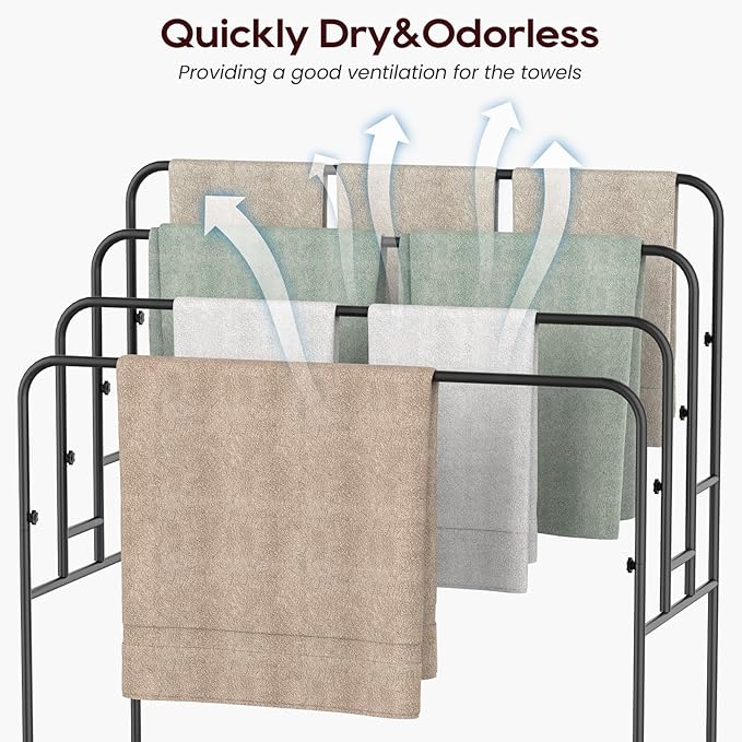 44" Extra Large Free Standing Towel Rack - 4 Tier Outdoor Pool Towel Holder, Versatile Blanket and Quilt Rack Stand for Living Room, Bathroom, Bedroom, Beach, Hot Tub, Gym and Pool Area Outside