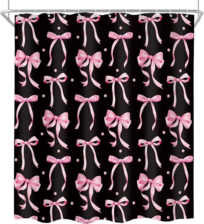 Cinbloo 4Pcs Black Pink Bow Shower Curtain Set, Retro Coquette Vintage Girly Preppy Cute Fashion Pretty Sweet Bathroom Curtain with Rug, Toilet Lid Cover, Bath Mat, Girls Shower Curtain with 12 Hooks