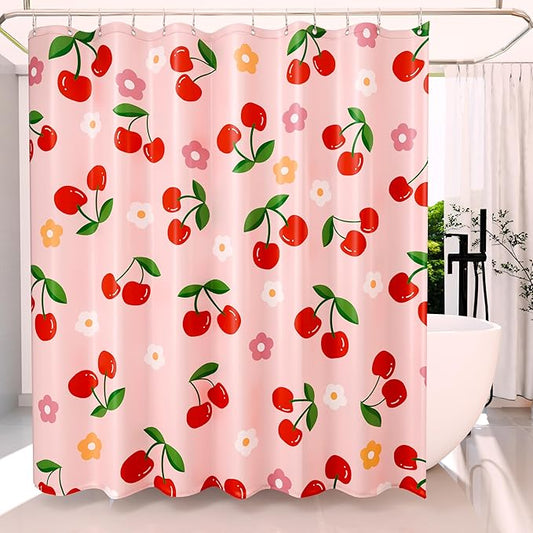 Anybar Fabric Shower Curtain Cute Floral Cherry Curtains Waterproof Soft Polyester Bathroom Curtain- Decor Washable Privacy Cloth Small Stall Shower Curtain for Bathroom Hotel (36x72inch) Pink