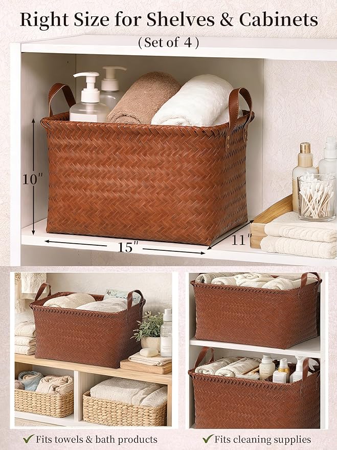 Hand Woven Baskets for Storage, 4Pcs Water-Resistant Wicker Baskets, Brown Wicker Storage Baskets for Shelves, Large Basket with Handle for Organizing, Clothes, Laundry, Blanket - Rectangular