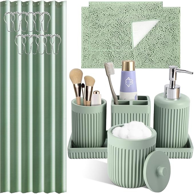 XLHOMO Light Green Bathroom Sets with Shower Curtain and Rugs, 8-Piece Resin Bathroom Accessories Sets Complete, Soap Dispenser, Toothbrush Holder, Tumbler, Tray & Apothecary Jars Bathroom Essentials