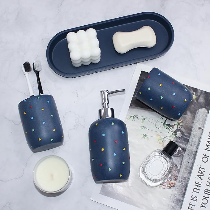 YMXYJM - Bathroom Accessories Sets 4-Piece, Premium Pastel Heart Bathroom Accessory Complete Set - Toothbrush Holder, Lotion Soap Dispenser, Vanity Tray, Bathroom Tumbler for Countertop Vanity, Blue