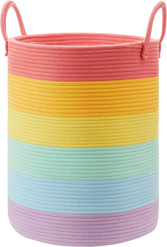 15”Dx20“H Rainbow Baby Girls Kids Hamper Laundry Basket for Nursery Toddler Clothes Blanket Toy Storage Woven Rope Unicorn Hamper in Playroom Bedroom 60L Large