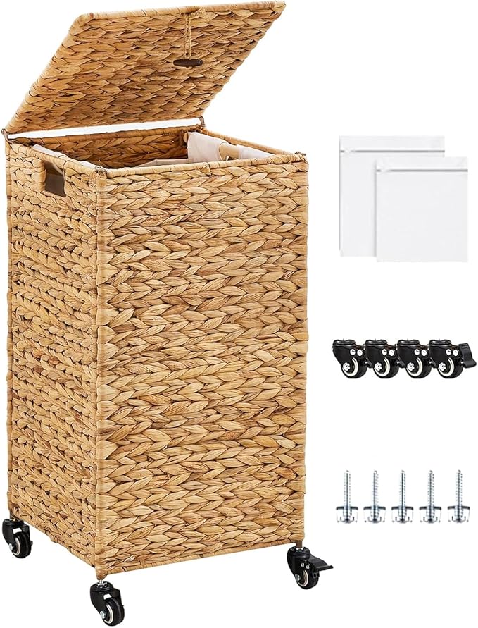 Hand-Woven Laundry Basket with Wheels, Natural Water Hyacinth Laundry Hamper with Lid, Removable & Machine-Washable Liner,Clothes Hamper for Bathroom and Laundry Room(65L,Natural)