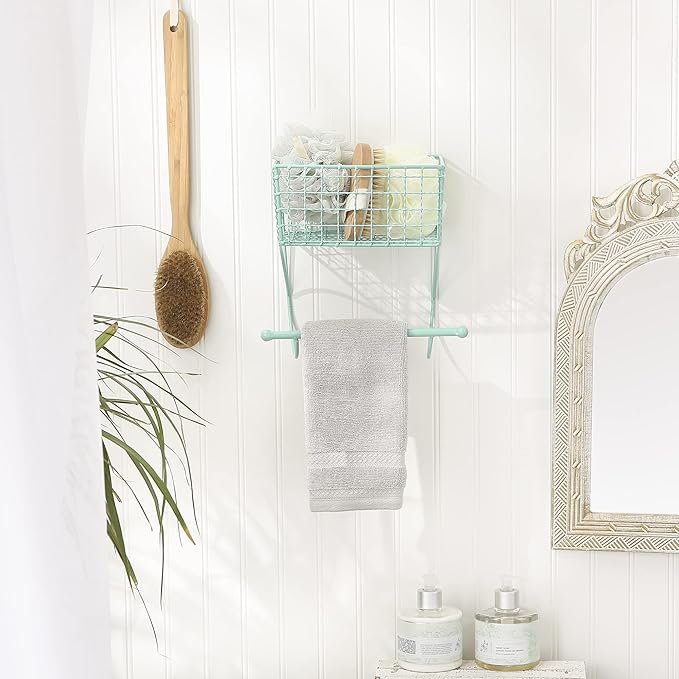 DII Rustic Farmhouse Bathroom Décor, Metal Storage, Small Towel Bar, Aqua