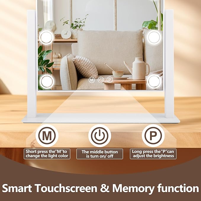 Lighted Makeup Mirror, Hollywood Vanity Mirror with 9 LED Bulbs, 3 Color Lights, and Detachable 10X Magnification Mirror, 1200mAh Rechargeable, Touch Control, 360°Rotation, White 14.05" * 12"