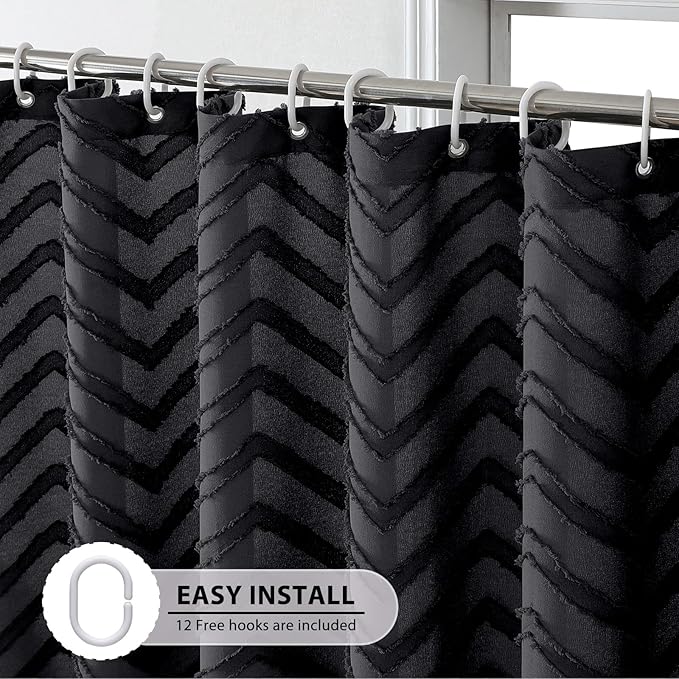 OVZME Black Boho Bathroom Shower Curtain 72 Inch Length, Tufted Chevron Striped Textured Cloth, Modern Farmhouse Washable Shower Curtain for Bathroom Hotel, 72Wx72L Inches