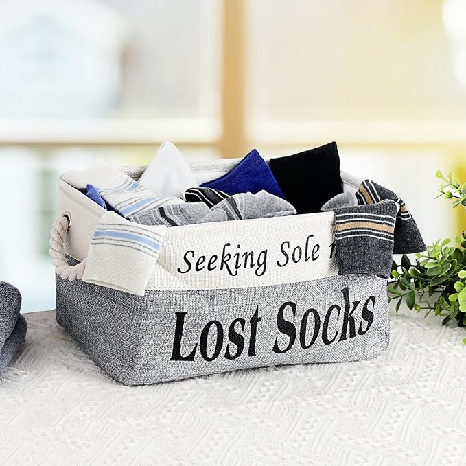 2 Pack Lost Socks Basket for Laundry Room, Fabric Missing Sock Holder for Single Sock Organization, Collapsible Lost Socks Bin Stockings Container, Farmhouse Laundry Room Decor and Accessories
