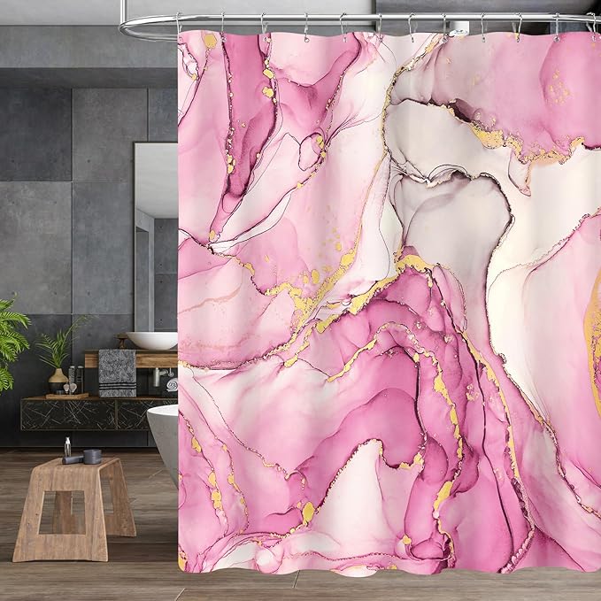 4PCS Pink Gold Marble Bathroom Sets with Shower Curtain and Rugs, Hot Pink Shower Curtain Sets with Rugs, Modern Bathroom Curtains Shower Set with Toilet Lid Cover