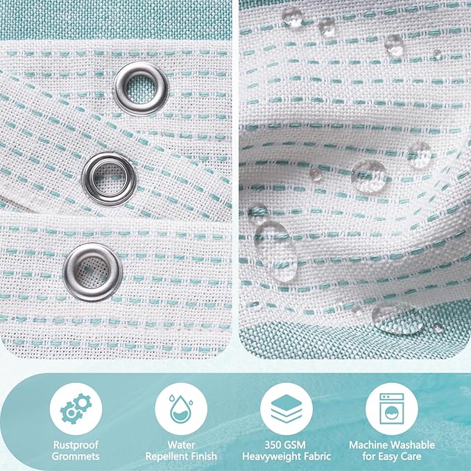 Boho Chic Thick Teal Shower Curtain with Tassels, 350GSM Cotton Linen Soft Fabric Shower Curtain Aqua Green, 72 x 72 Inch Heavyweight Elegant Farmhouse Bathroom Decor Curtain French Country